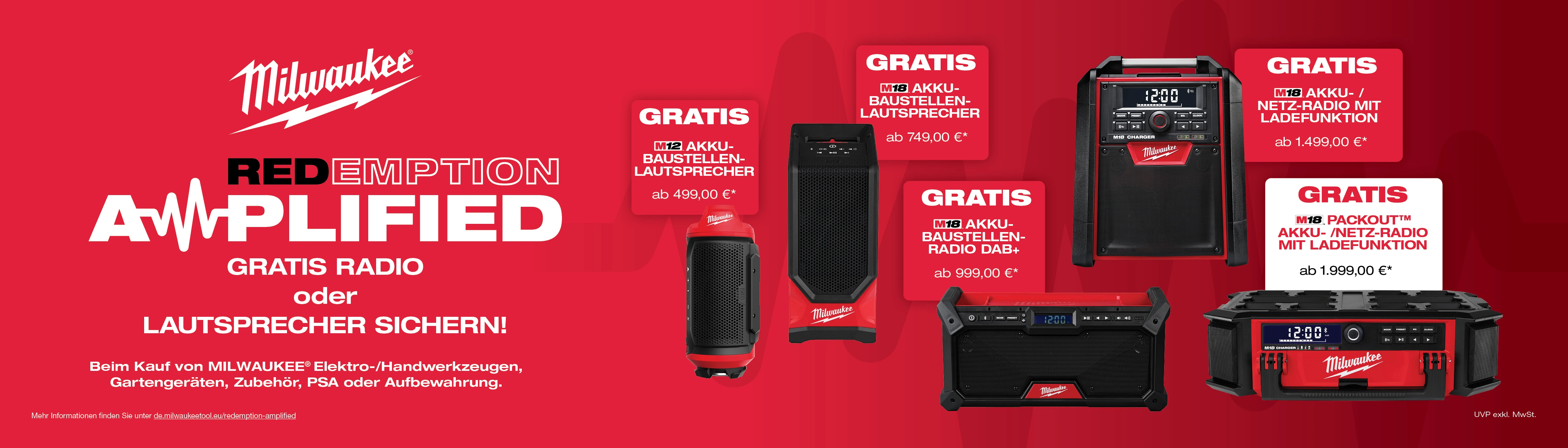 Milwaukee Redemptionsaktion: 
                Gratis Radio oder Baustellenlautsprecher beim Kauf von M18 Werkzeugen und Zubehör