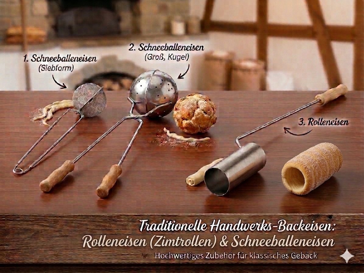 Traditionelle Backeisen für Schneeballen und Zimtrollen auf einem Holztisch – Siebform, große Kugelform und Rolleneisen mit Holzgriffen