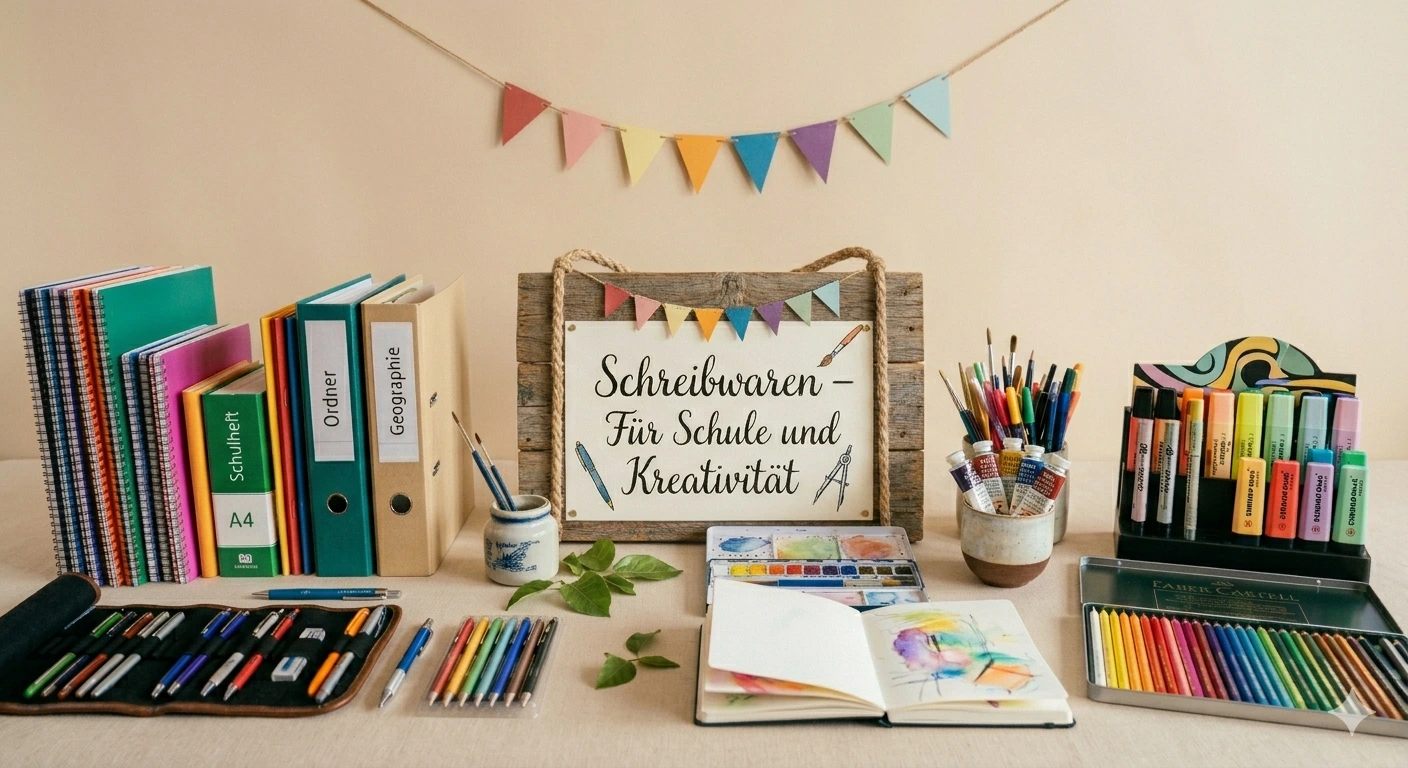Ein ordentlich arrangierter Schreibtisch mit verschiedenen Schreibwaren, 
      Heften, Ordnern, Buntstiften und Malutensilien sowie einem Schild mit der Aufschrift 'Schreibwaren – Für Schule und Kreativität'.